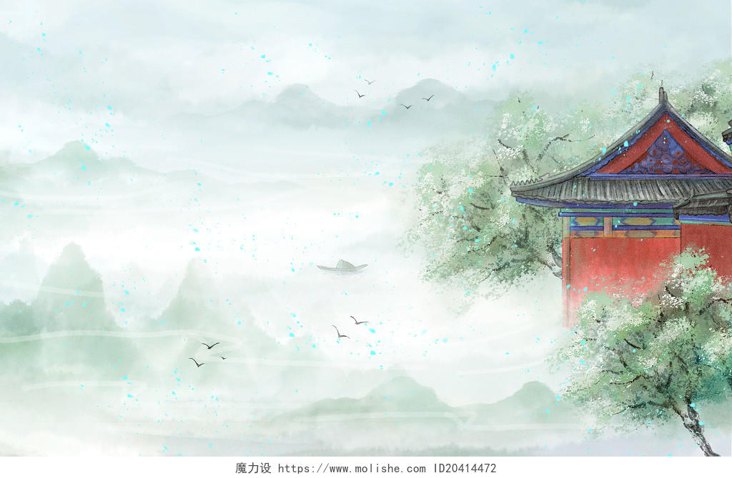 中国风中式庭院中式建筑原创插画海报背景素材海报